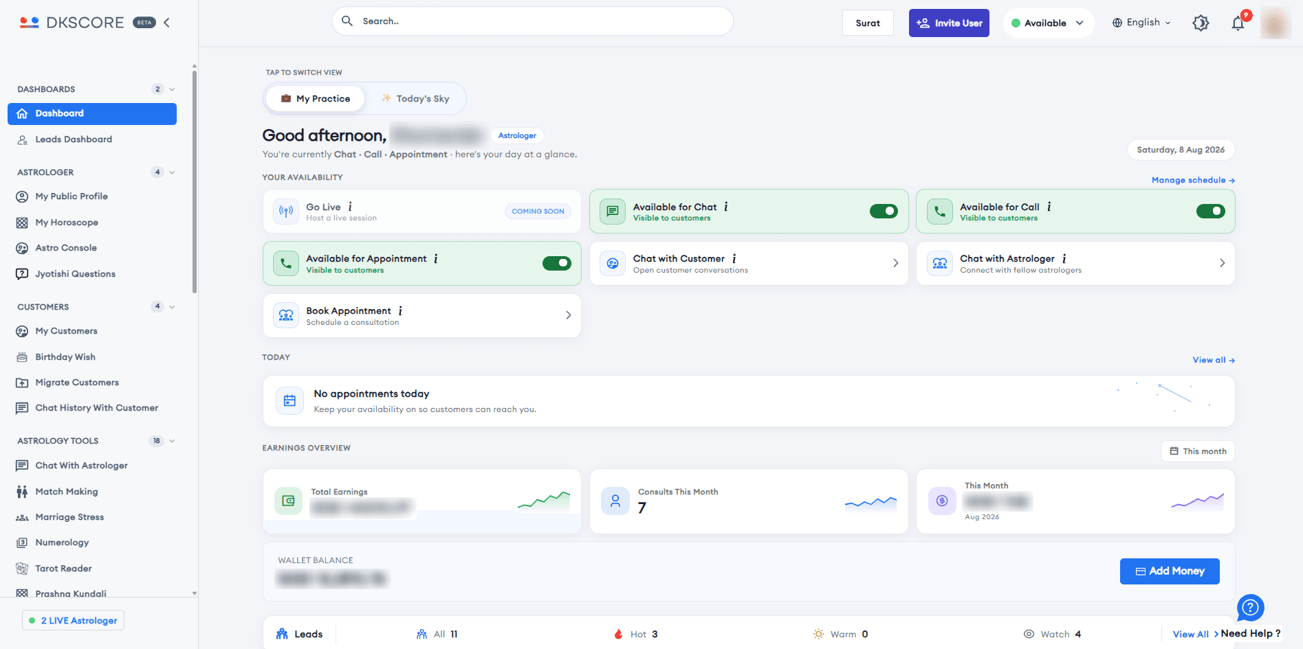 DKSCORE astrologer dashboard — availability toggles, appointments, earnings overview and leads in one workspace